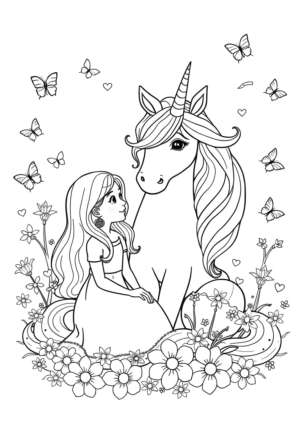 Unicorn With Girl Coloring Page coloring page for kids