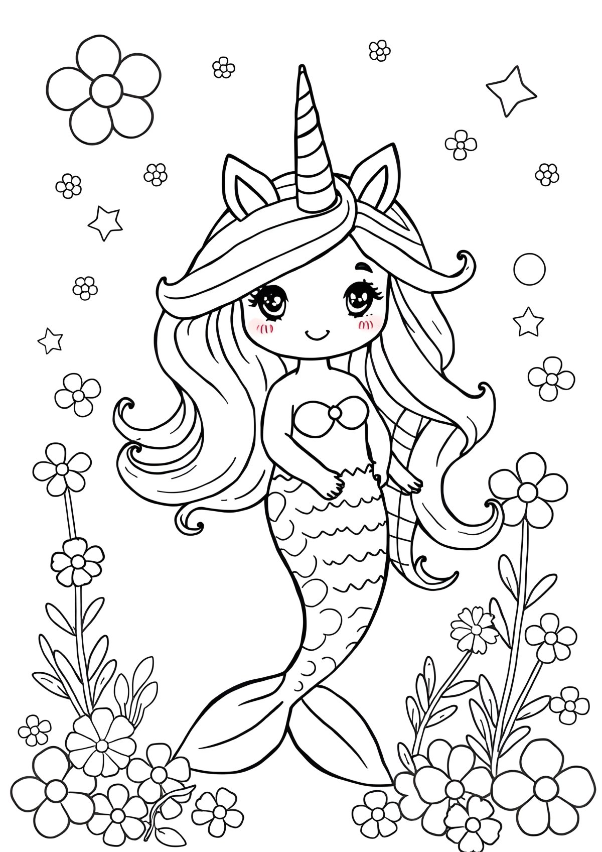 Mermaid Adorable Cute Unicorn Coloring Page coloring page for kids