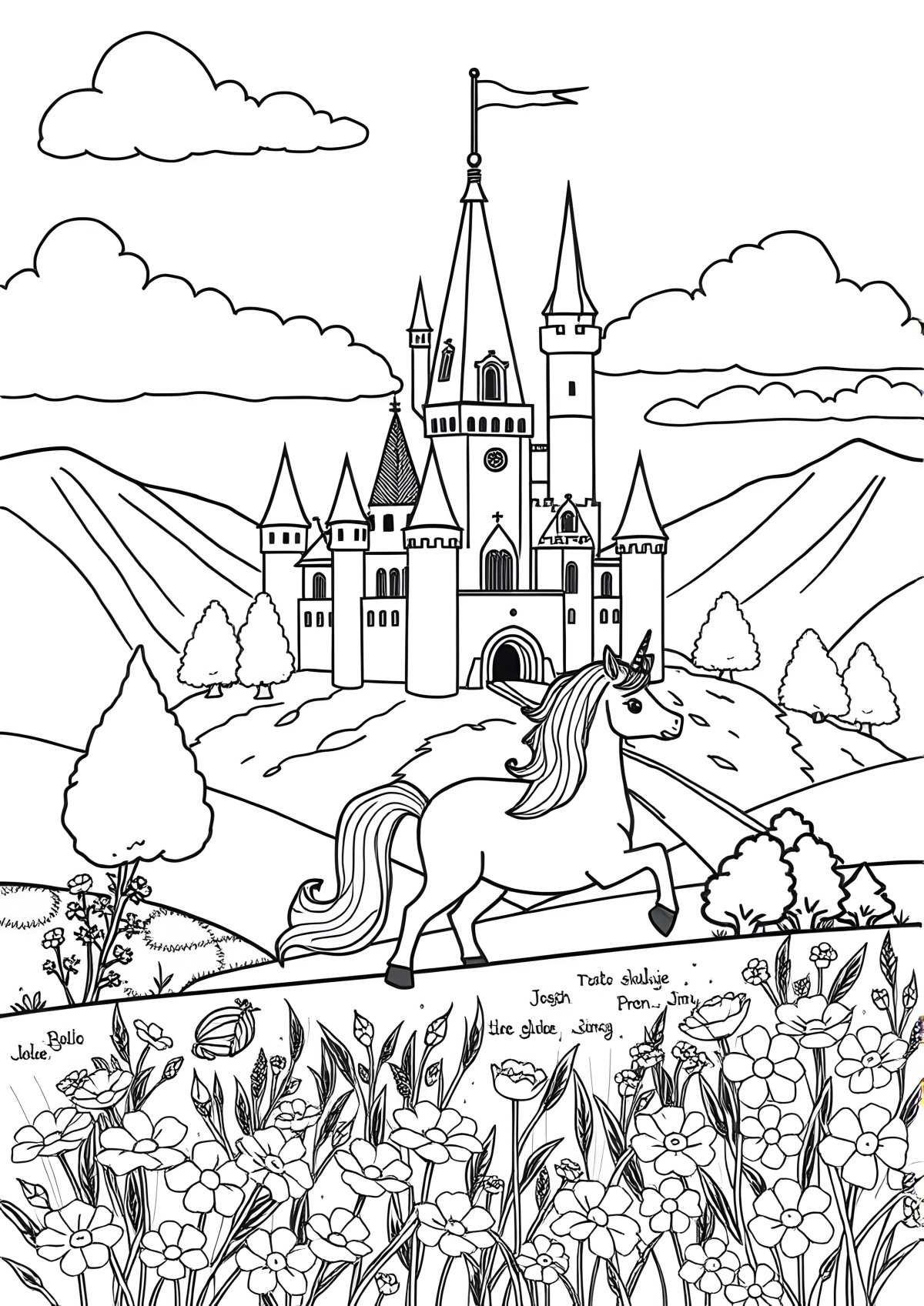 Castle And Unicorn Coloring Page coloring page for kids