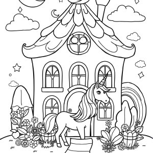 Unicorn House Coloring Page coloring page for kids