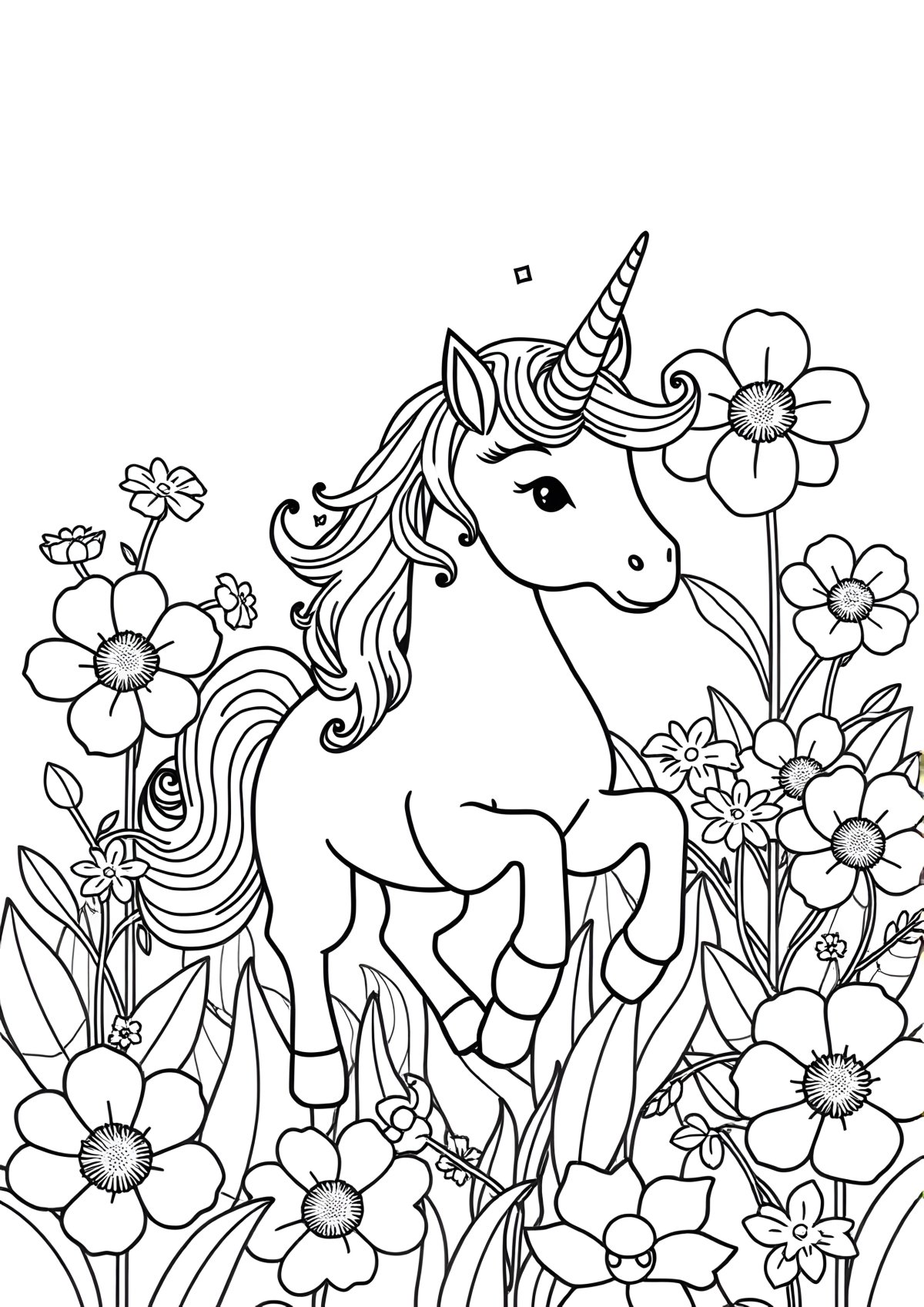 Unicorn Coloring Page With Flowers coloring page for kids
