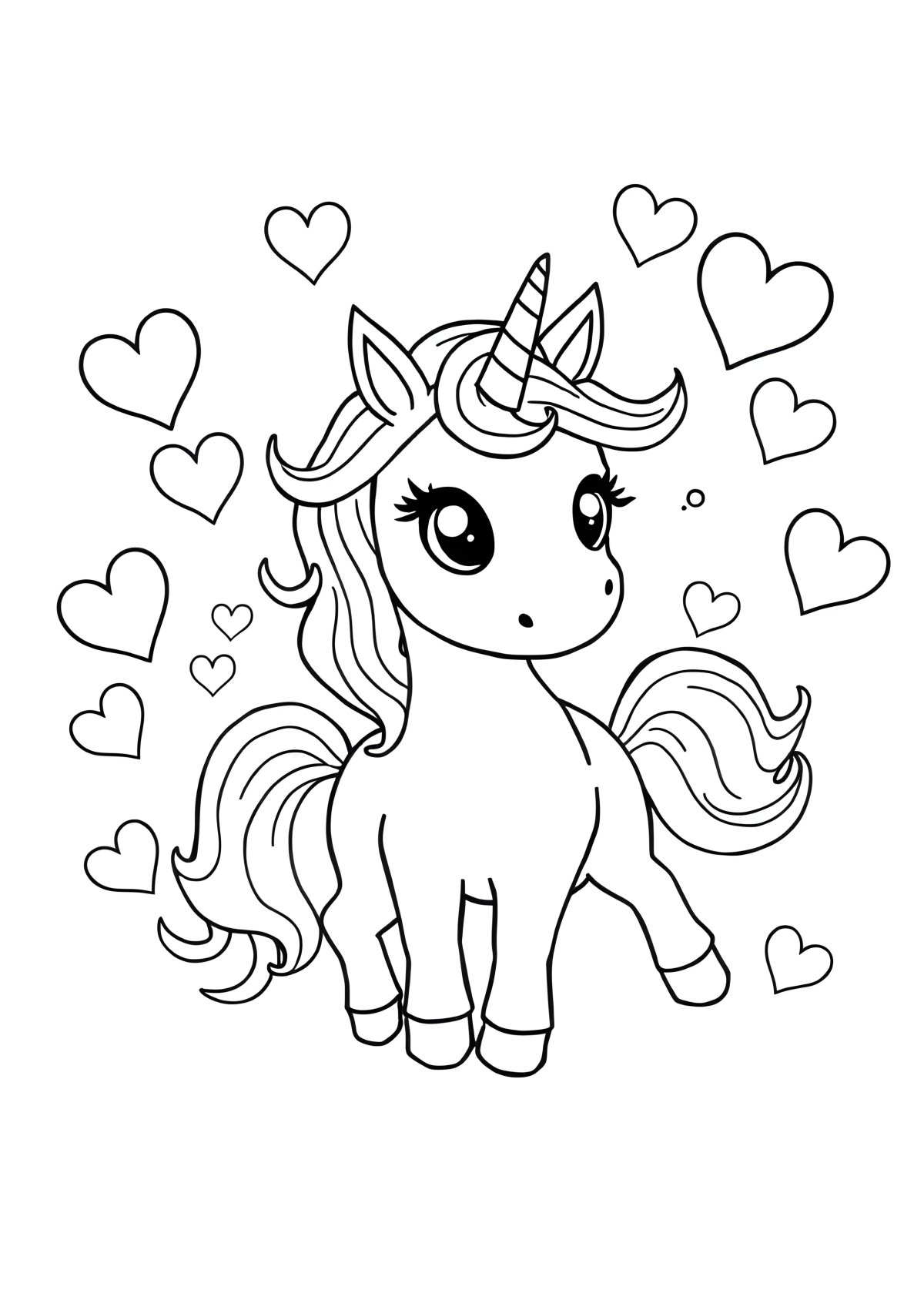 Unicorn Coloring Page With Hearts coloring page for kids