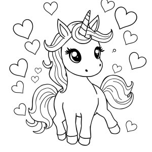 Unicorn Coloring Page With Hearts coloring page for kids