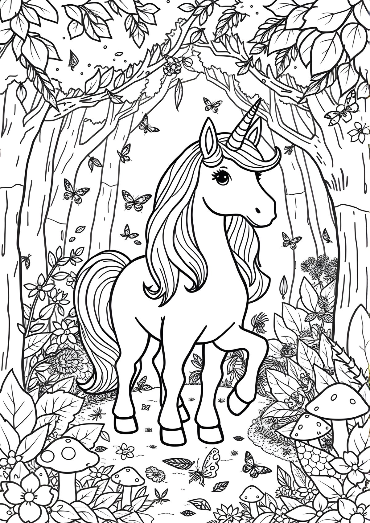 Unicorn In Forest Coloring Page coloring page for kids