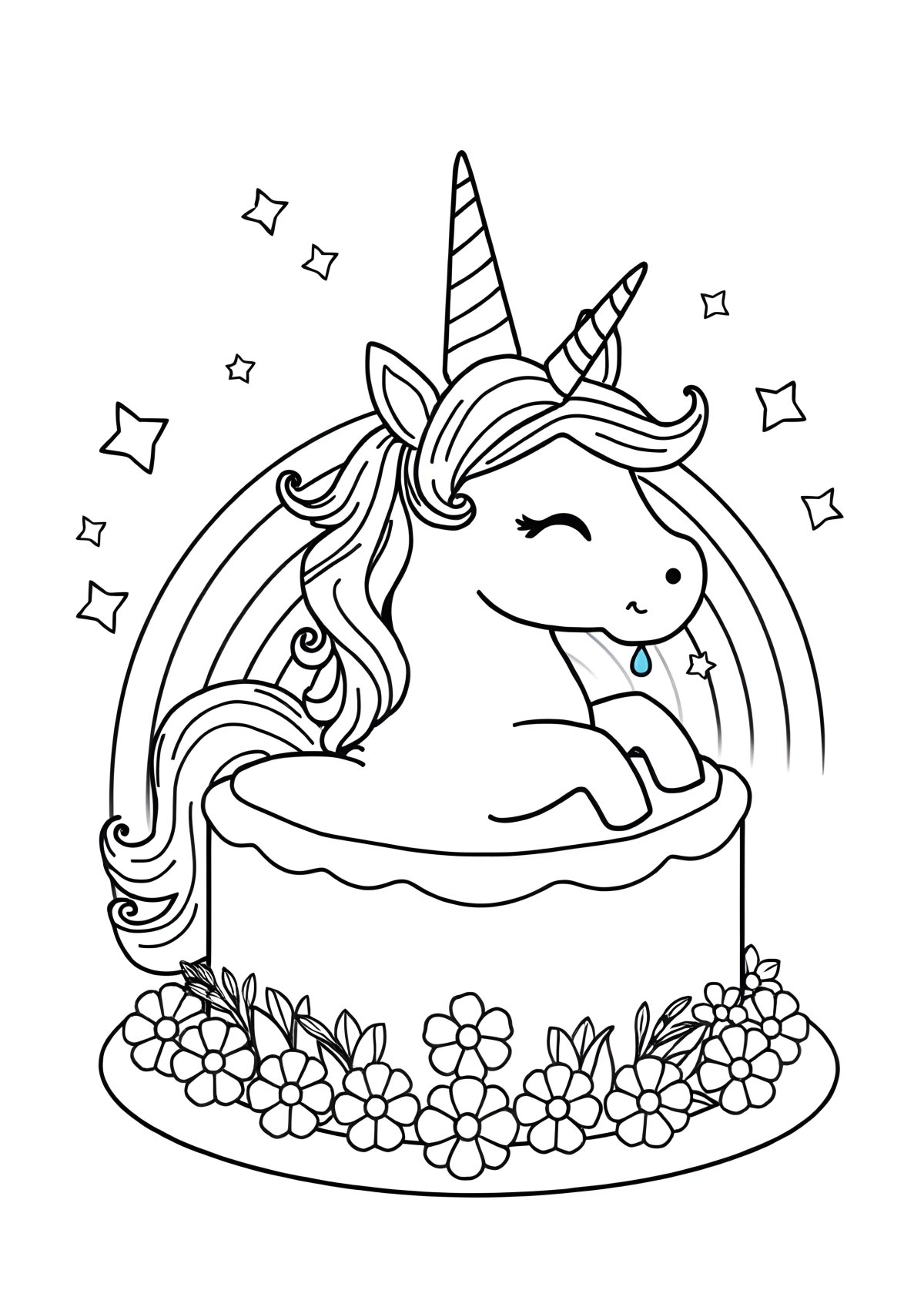 Printable Rainbow Unicorn Cake Coloring Page coloring page for kids