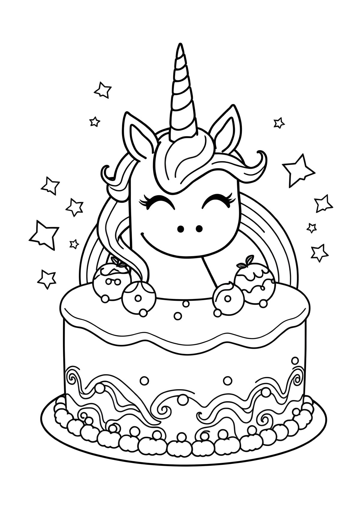 Printable Unicorn Cake Coloring Rainbow Cute Unicorn Coloring Page coloring page for kids