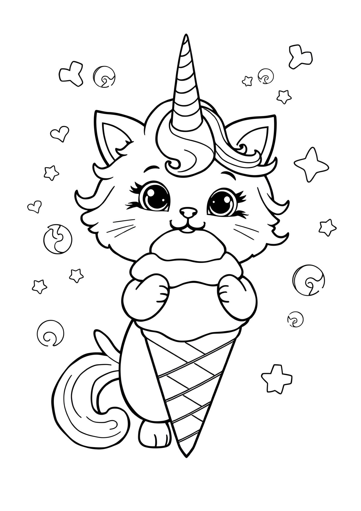 Cute Unicorn Cat Unicorn Ice Cream Coloring Page coloring page for kids