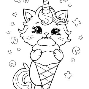 Cute Unicorn Cat Unicorn Ice Cream Coloring Page coloring page for kids