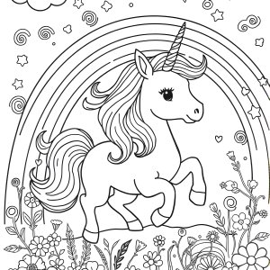 Rainbow And Unicorn Colouring Page coloring page for kids