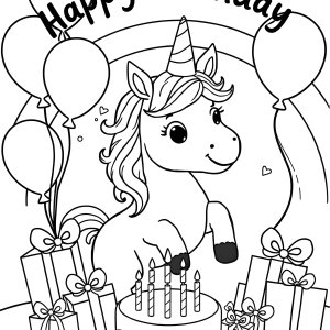 Happy Birthday Unicorn Birthday Coloring Page coloring page for kids