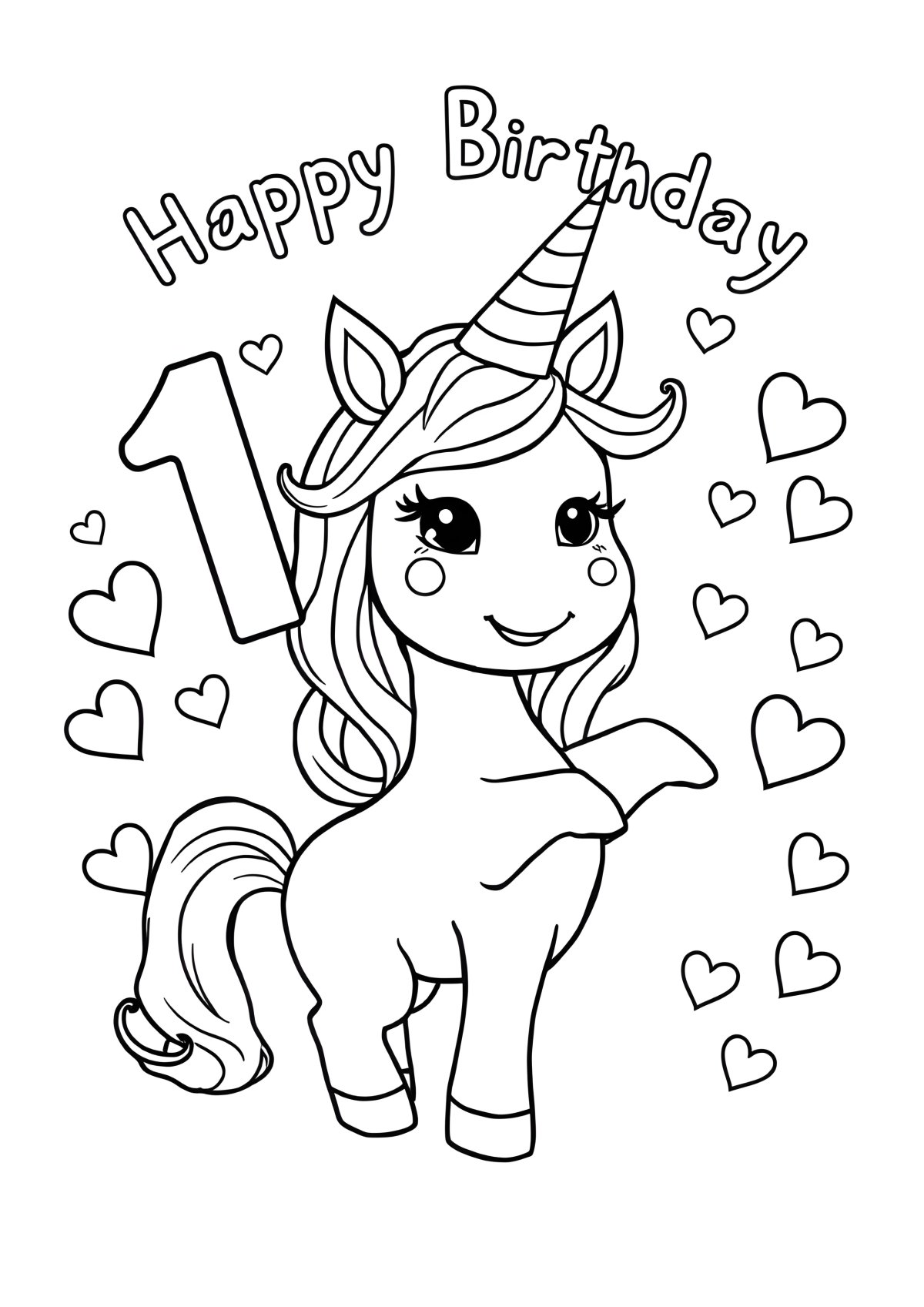 Unicorn Cute Happy Birthday Coloring Page coloring page for kids