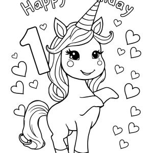 Unicorn Cute Happy Birthday Coloring Page coloring page for kids