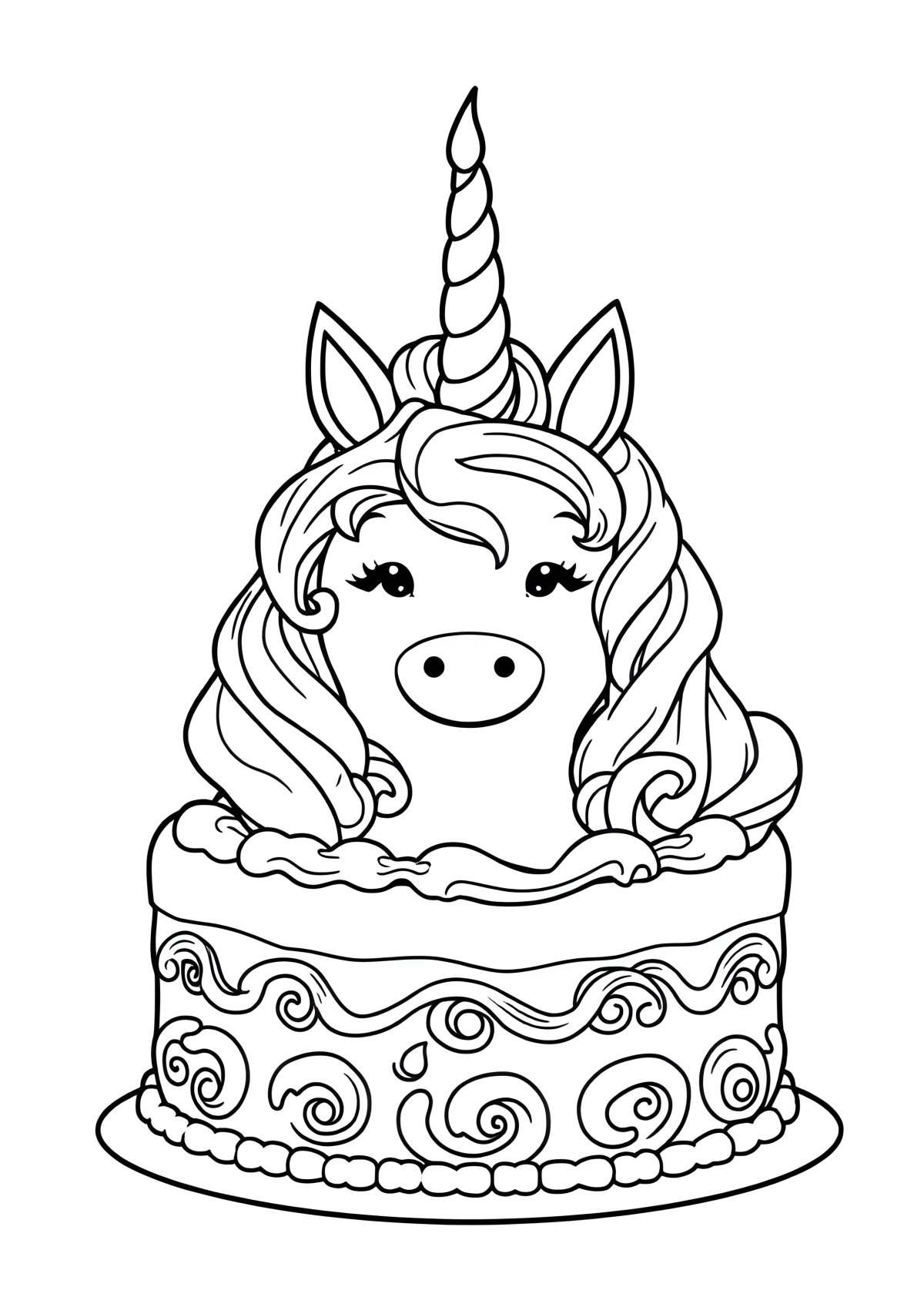 Birthday Cake Unicorn Cake Coloring Page coloring page for kids