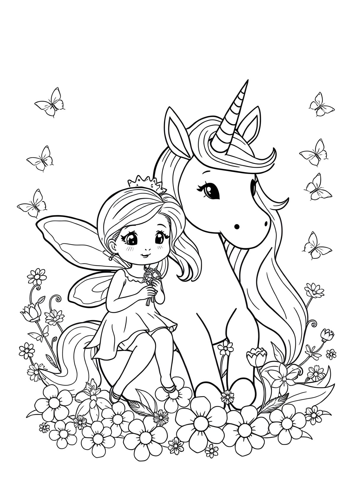 Cute Fairy And Unicorn Coloring Page coloring page for kids