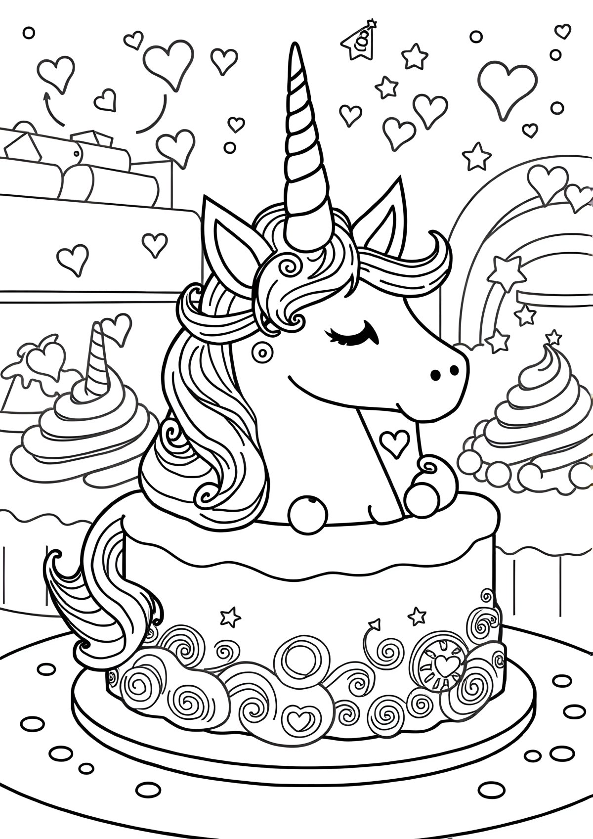 Coloring Page Of Unicorn Cakes coloring page for kids