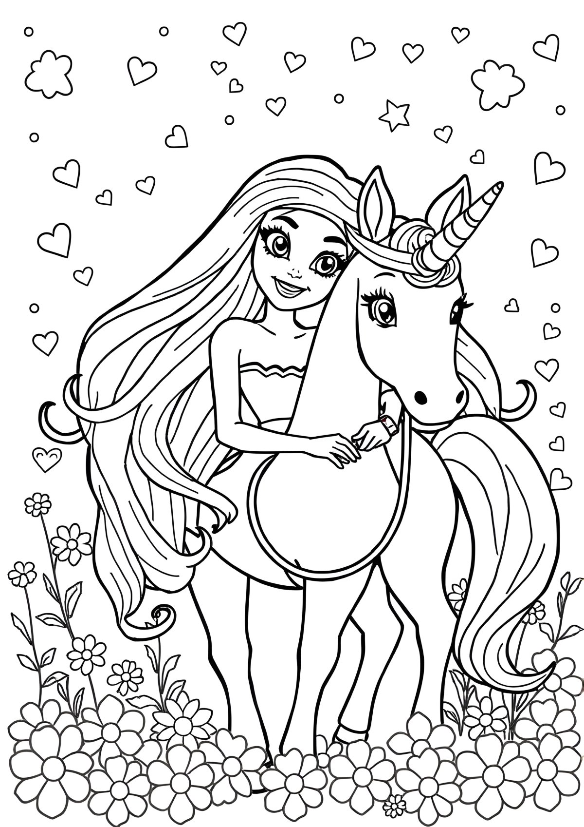 Barbie With Unicorn Coloring Page coloring page for kids