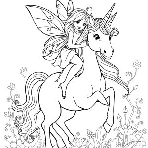 Fairy Riding Unicorn Coloring Page coloring page for kids