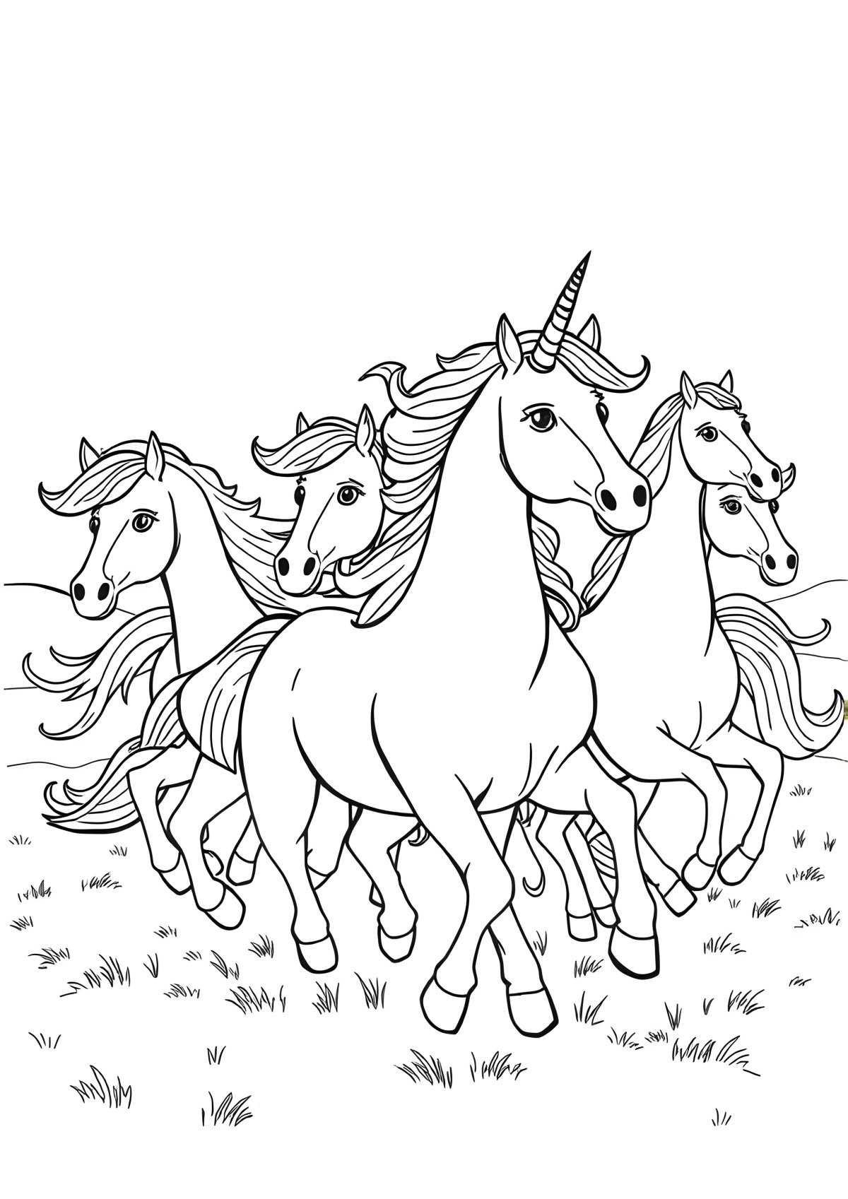 Horses And Unicorn Coloring Page coloring page for kids
