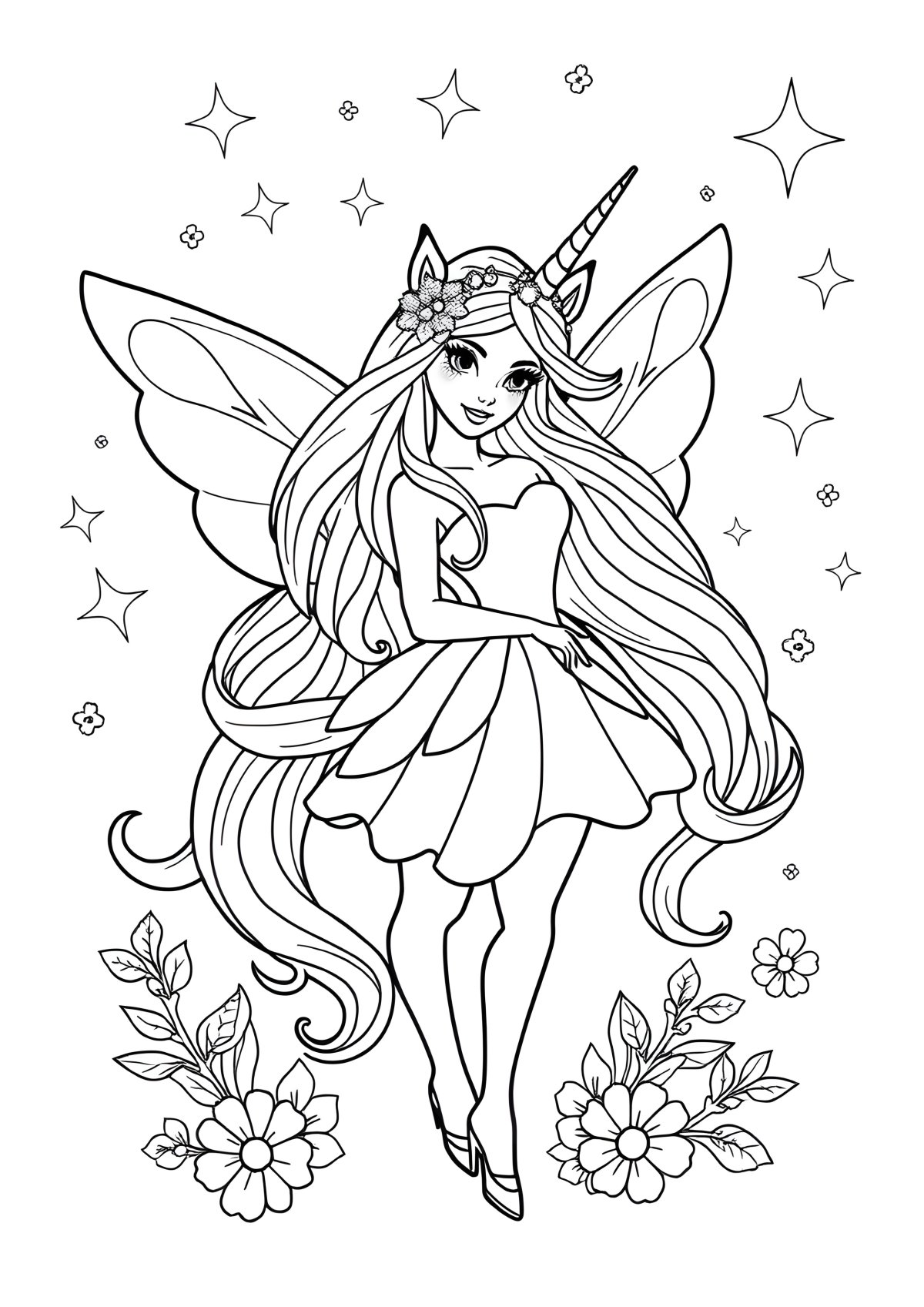 Unicorn Fairy Barbie Coloring Page coloring page for kids