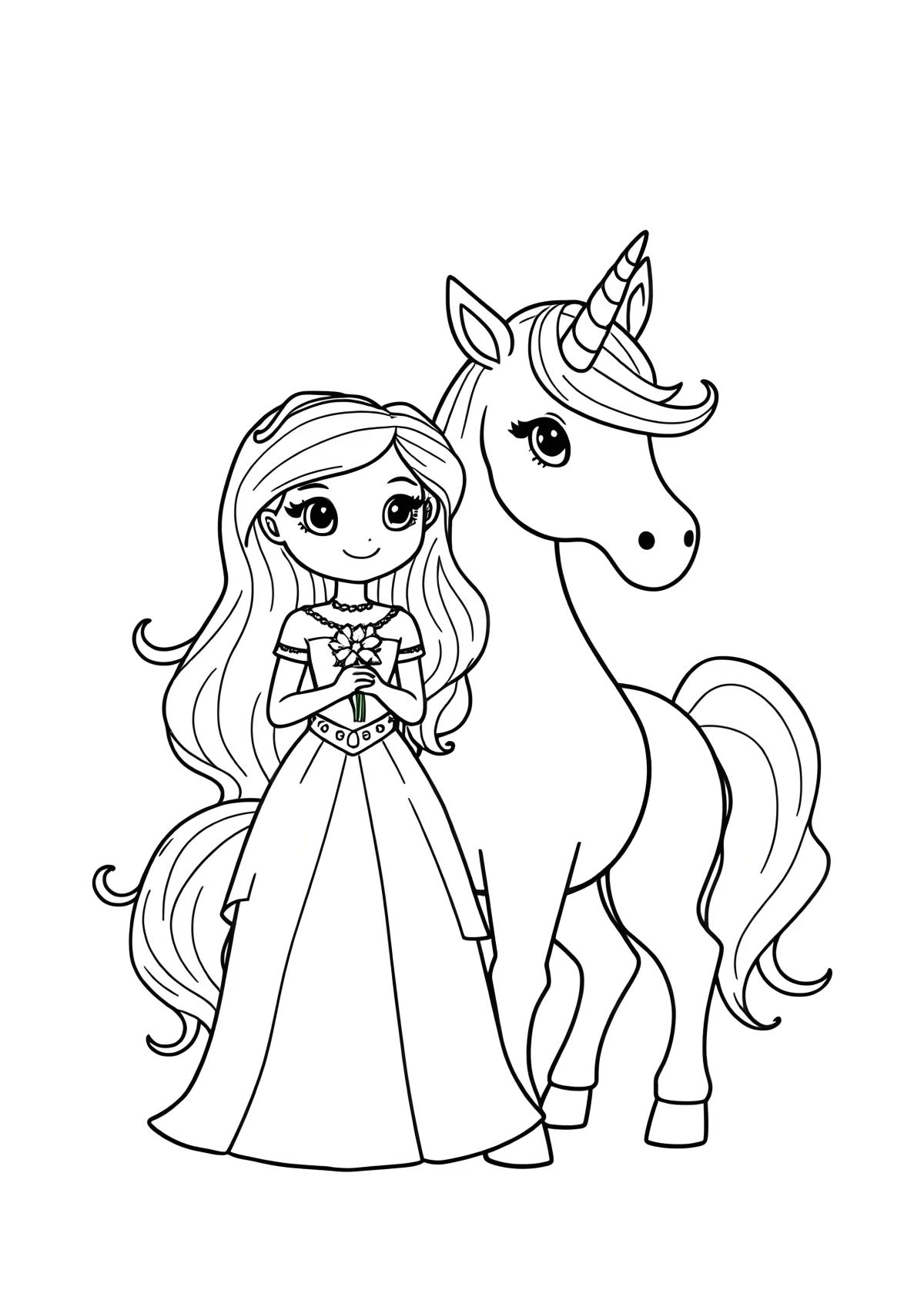 Princess And Unicorn Coloring Page For Kids