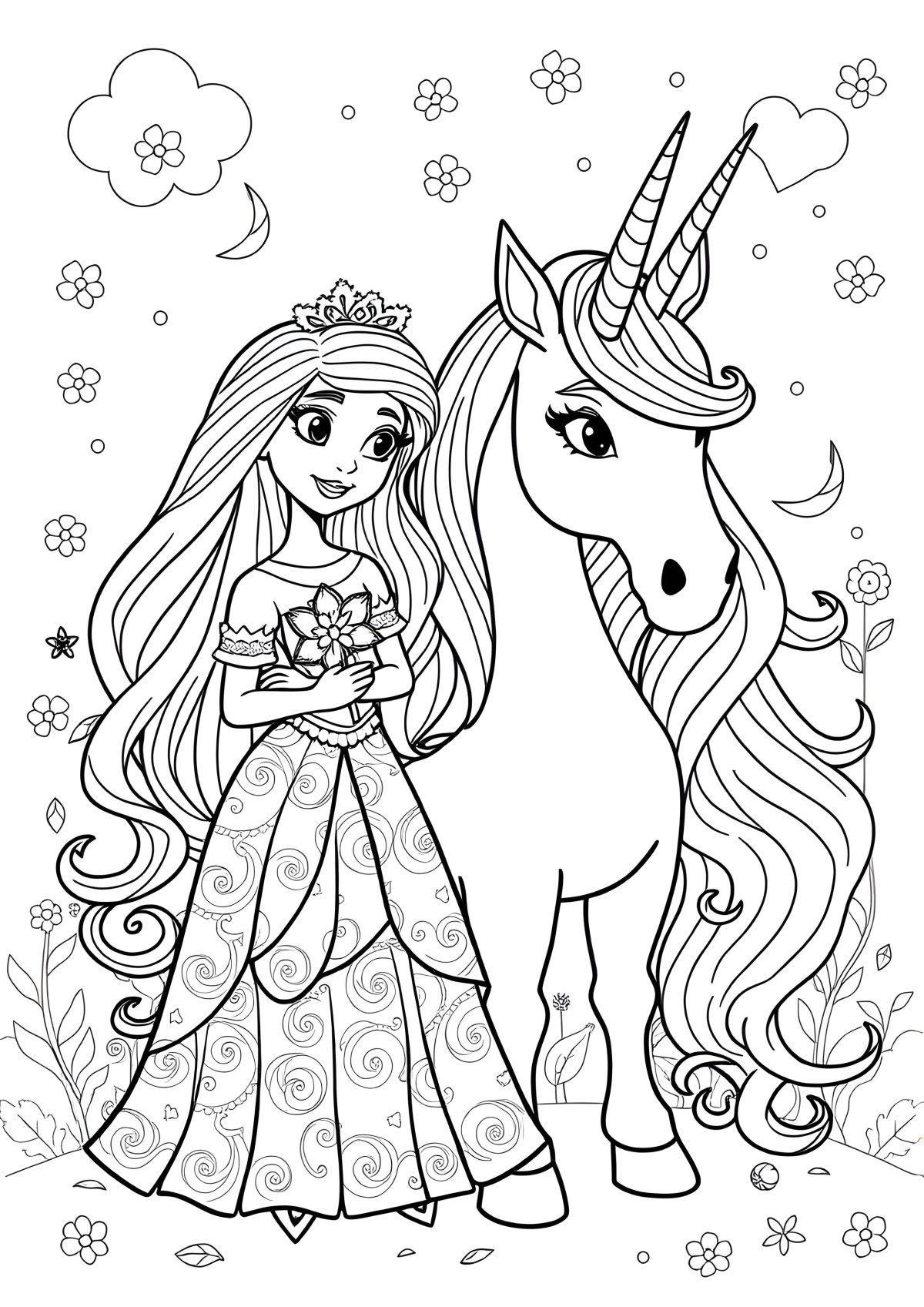 Princess And Unicorn Coloring Page Printable coloring page for kids