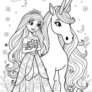 Princess And Unicorn Coloring Page Printable coloring page for kids