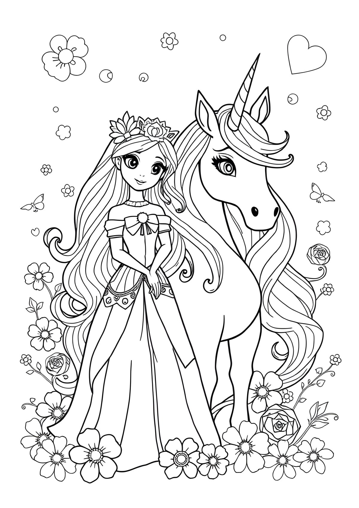 Princess And Unicorn Colouring Page coloring page for kids