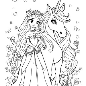 Princess And Unicorn Colouring Page coloring page for kids