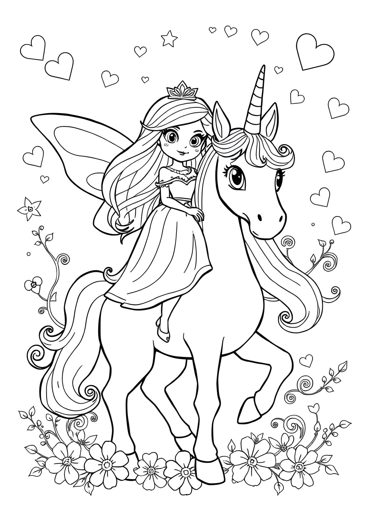 Unicorn Fairy Princess Coloring Page coloring page for kids
