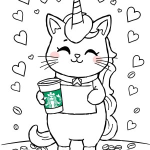 Unicorn Starbucks Pusheen Cat Coloring Page Printable coloring page for kids