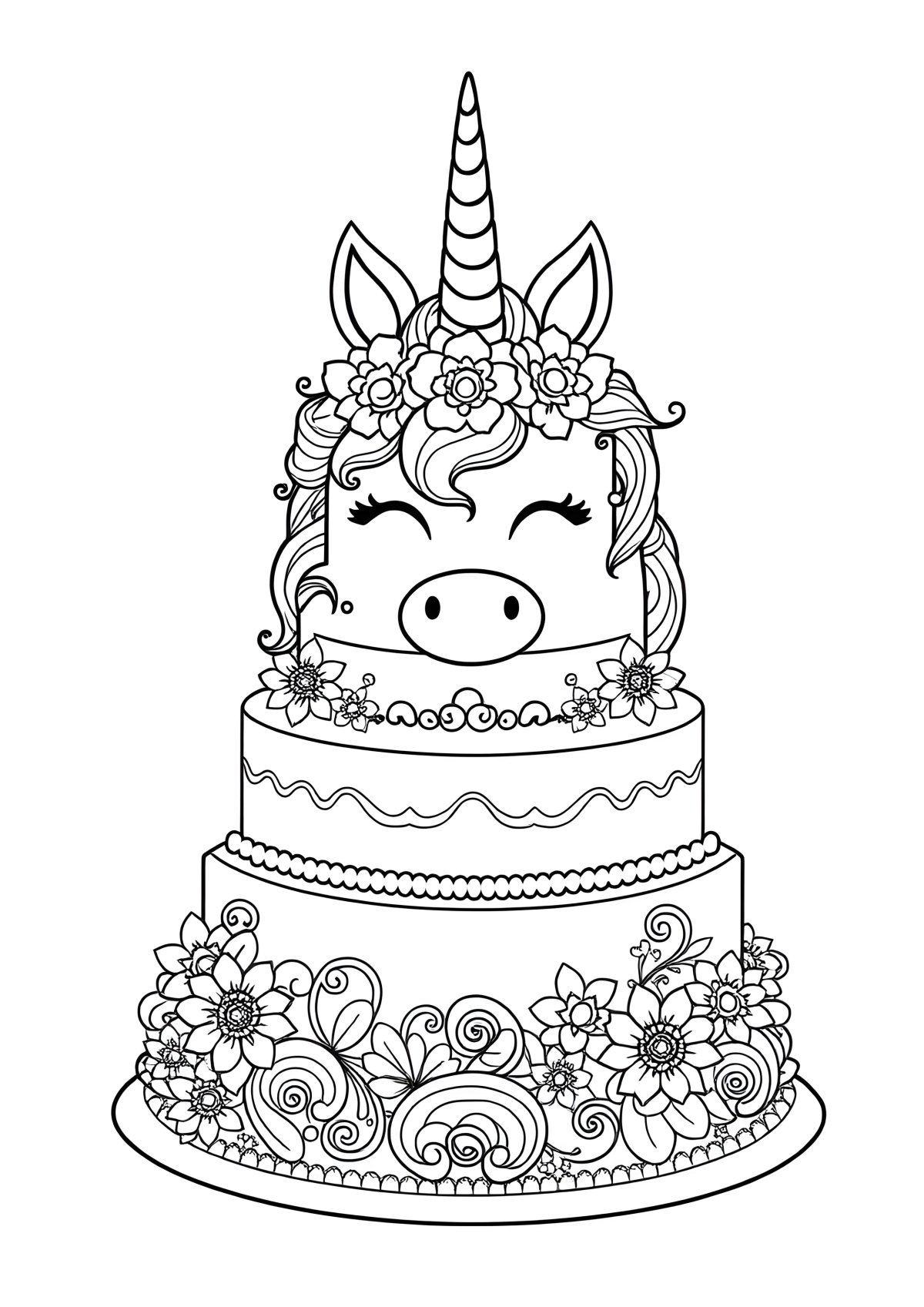 Wedding Cake Unicorn Cake Coloring Page coloring page for kids