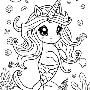 Cute Mermaid Unicorn Coloring Page coloring page for kids