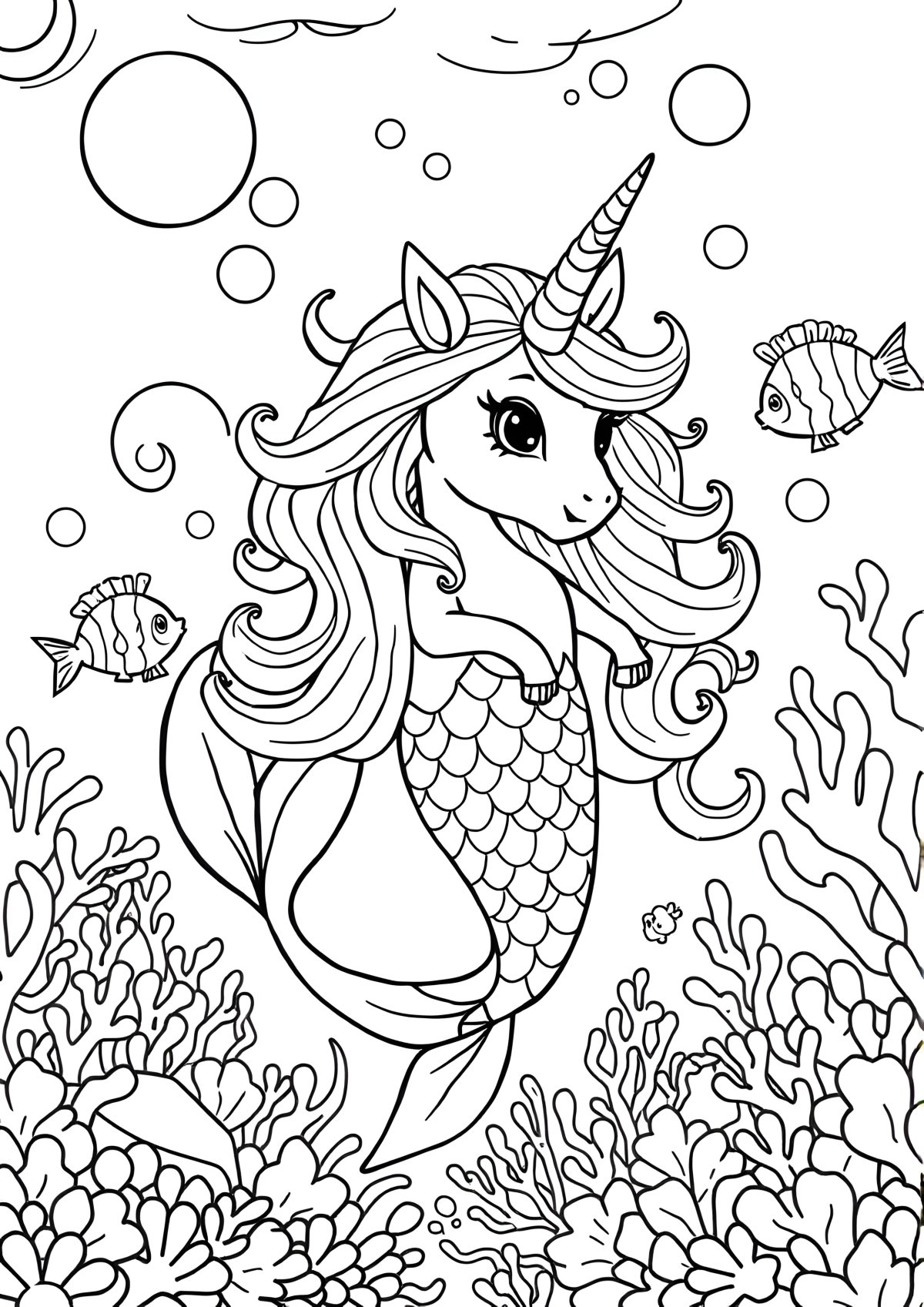 Fancy Unicorn Mermaid Coloring Page coloring page for kids