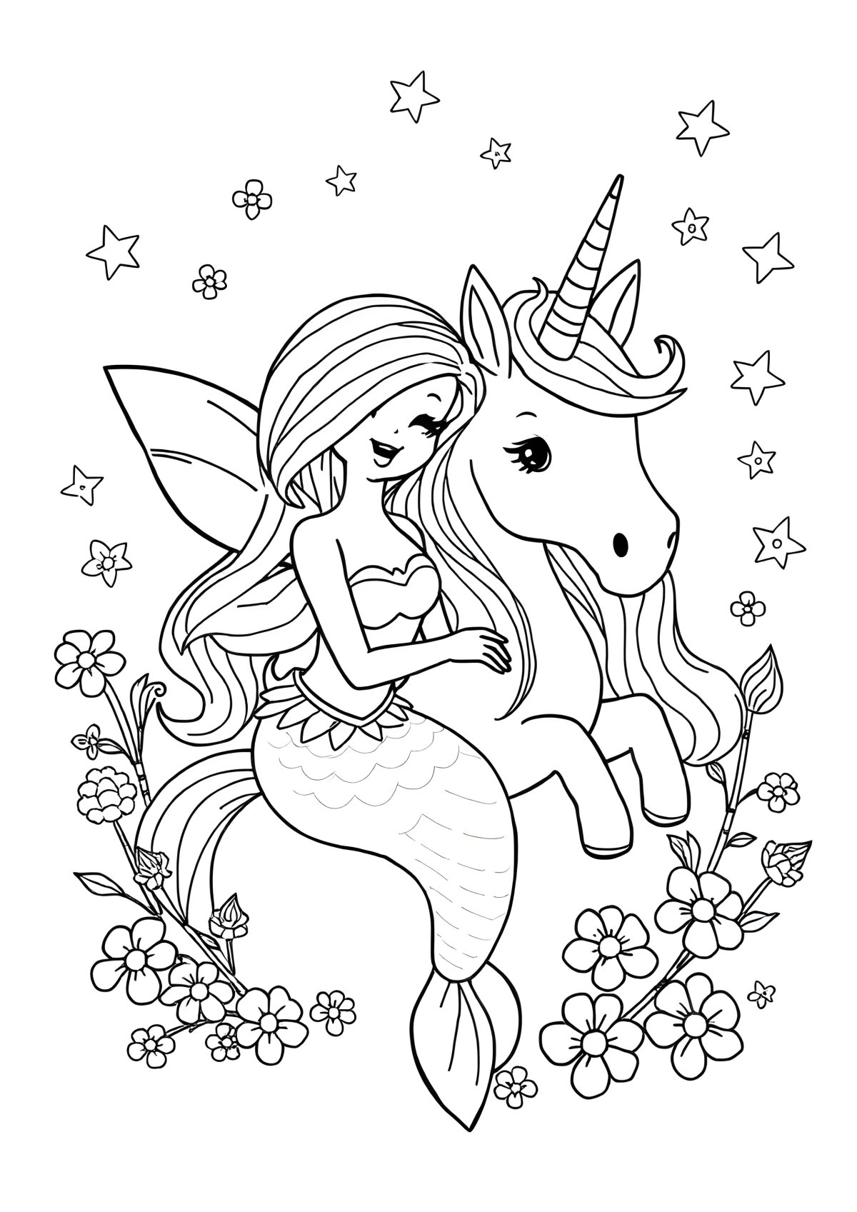 Mermaid Fairy And Unicorn Coloring Page coloring page for kids